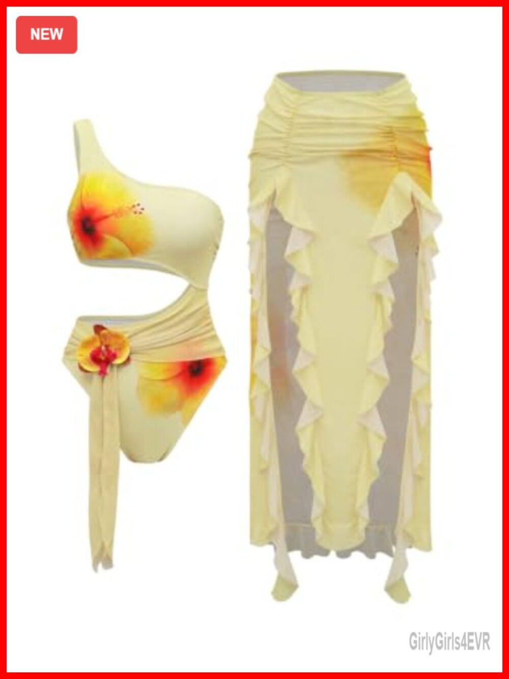 2 Piece One Piece Swimsuit with Ruffle Cover Up Skirt High Slit